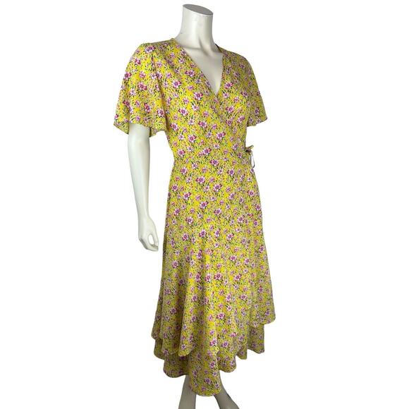 Roller Rabbit Yellow Floral Print Wrap Dress Size S Midi Prana Filena Ruffle - Picture 2 of 10